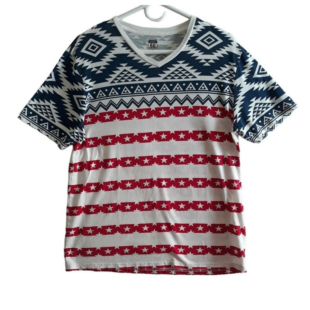 Route 66 T Shirt Men Large Red White Blue Stars Short Sleeves V Neck Lightweight